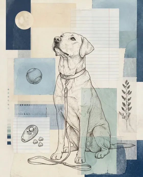 Collage of an attentive dog with a training clicker, treats and a ball