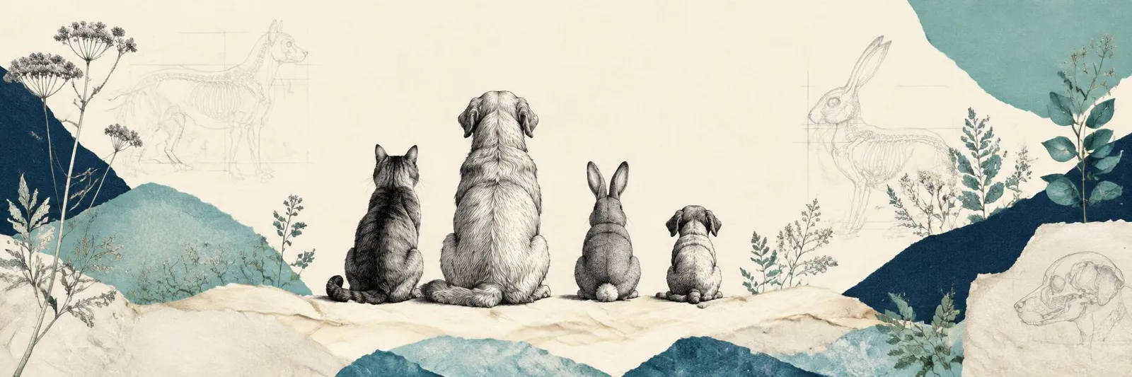 Hand-drawn cat, dog, rabbit and puppy sitting in a row on layered paper