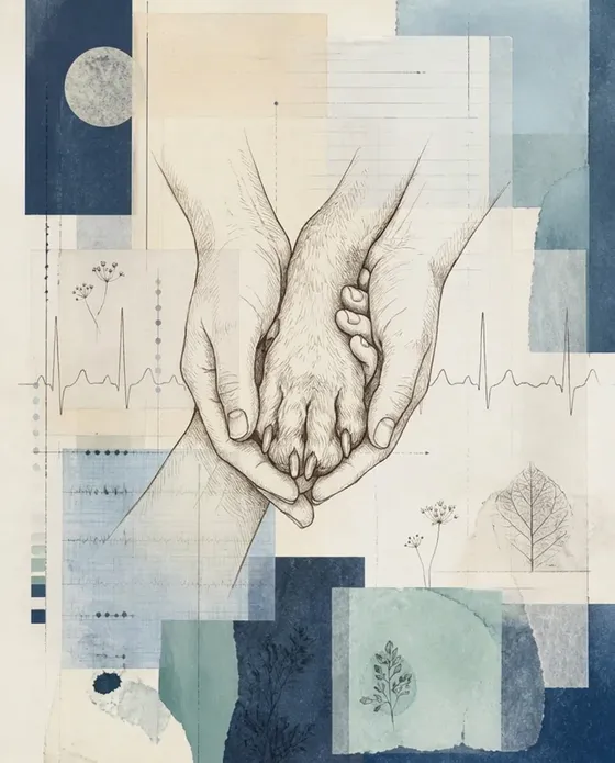 Collage of a person's hands gently holding a dog's paw