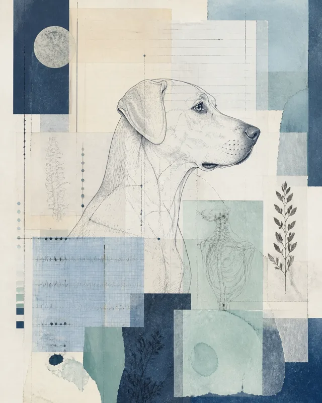 Mixed-media collage of a dog in profile drawn over chart paper, anatomy sketches and botanicals