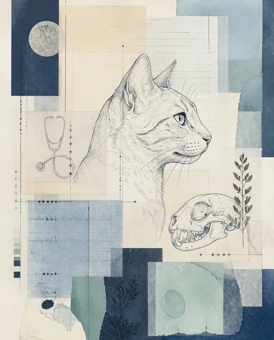 Collage of a cat drawn over a feline skull sketch and exam notes