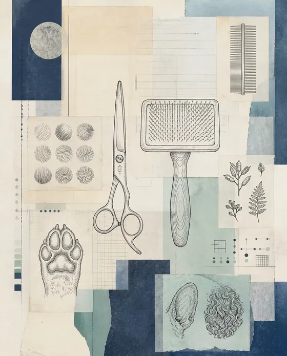 Collage of grooming scissors, a comb and a trimmed dog paw
