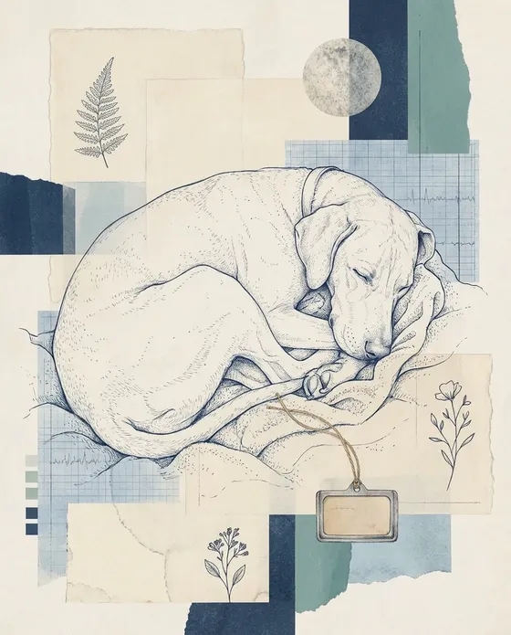 Collage of a dog curled up asleep on a blanket over paper layers