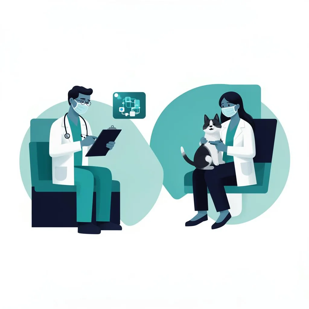 Split illustration of an AI audio waveform on a laptop and a human scribe with a notepad in a veterinary exam room