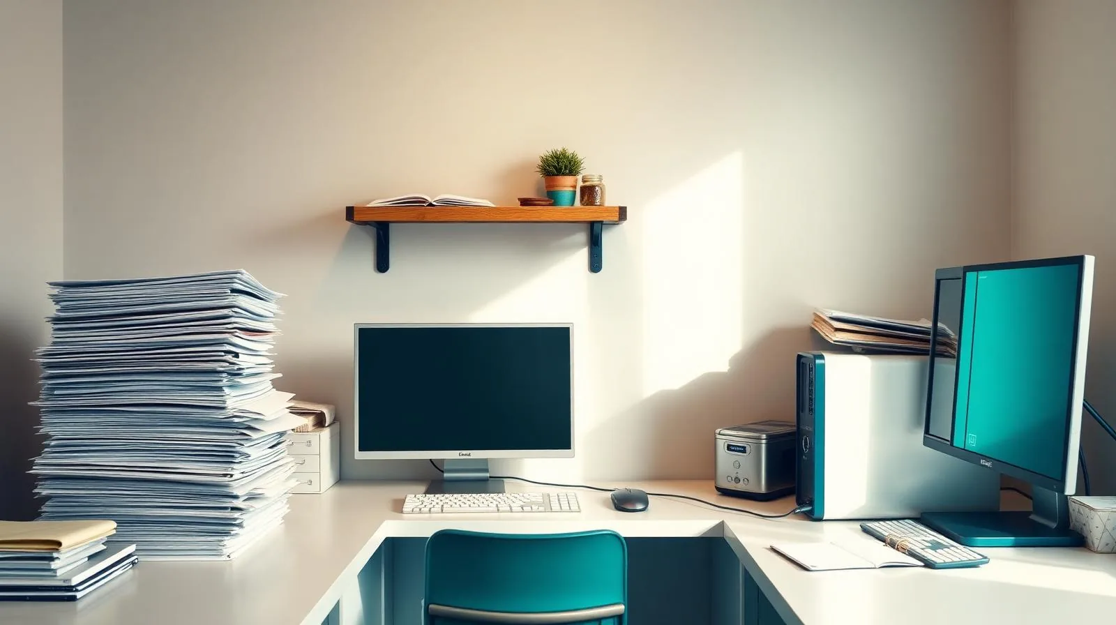 A workstation replacing a legacy on-premise vet PIMS with stacks of paper records