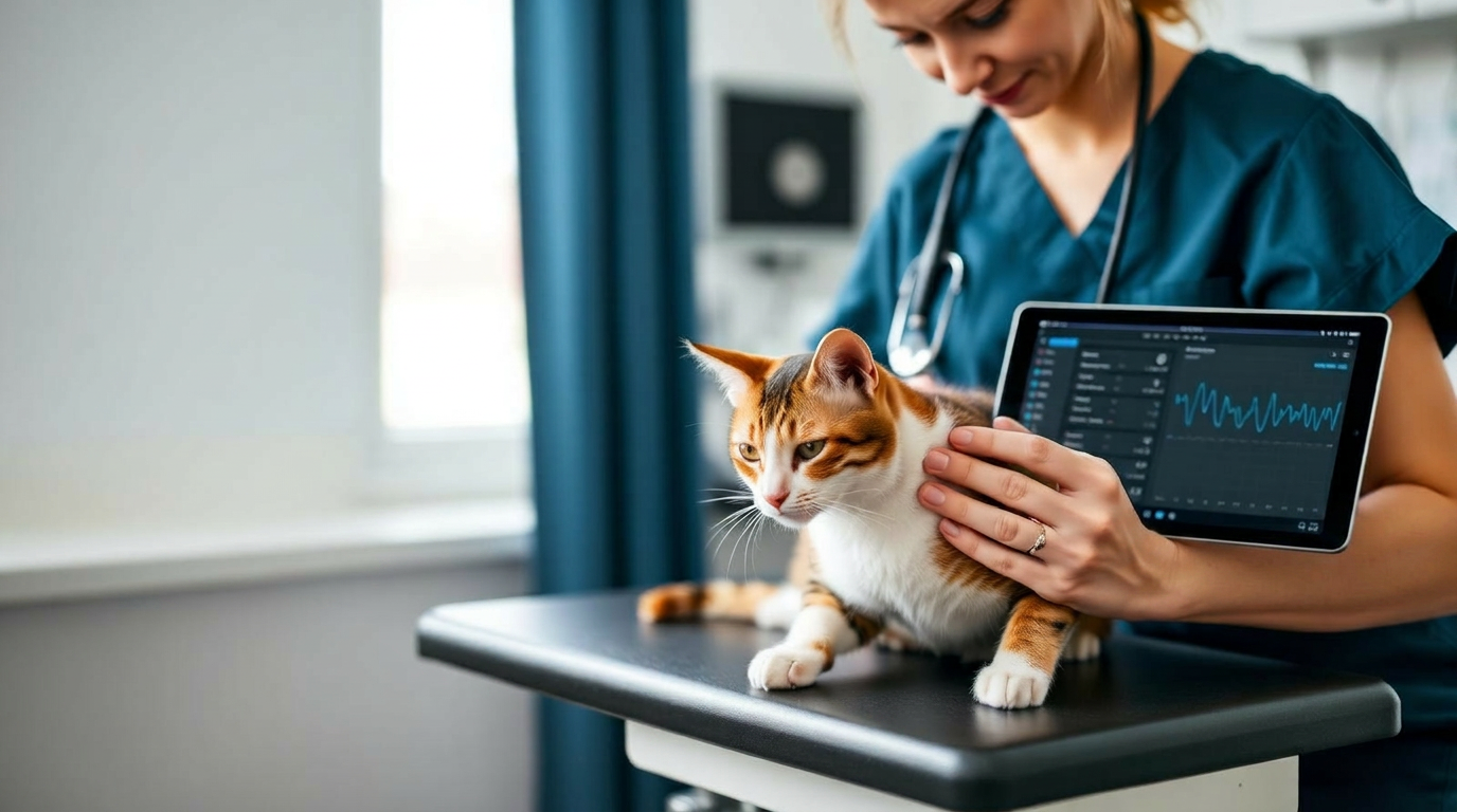 Veterinarian examining a calico cat next to a tablet showing a SOAP dashboard and audio waveform