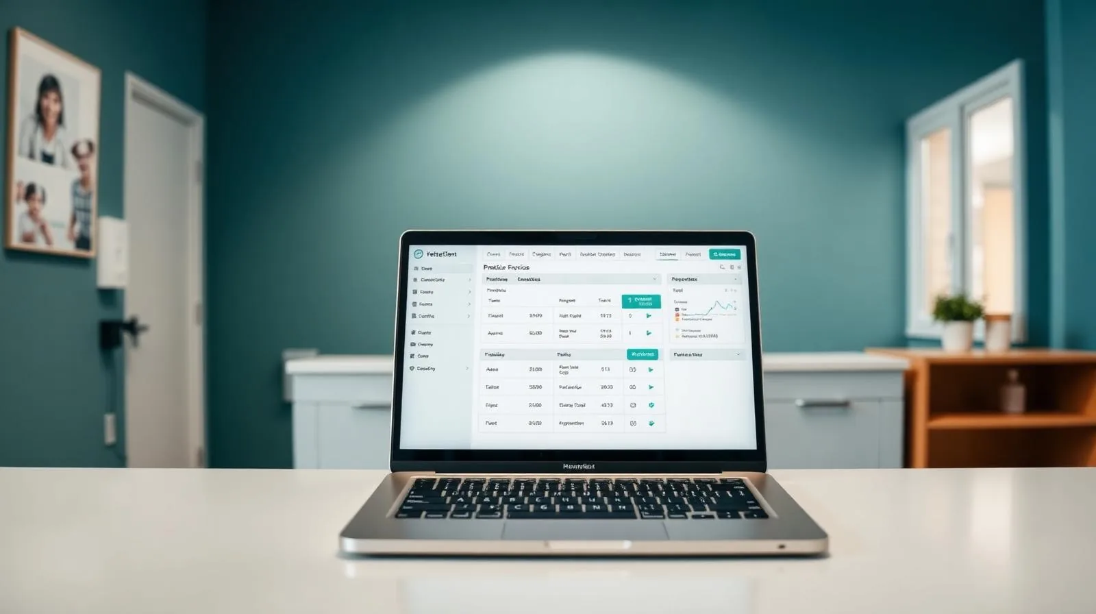 Modern veterinary practice management software dashboard on a laptop in a clinic