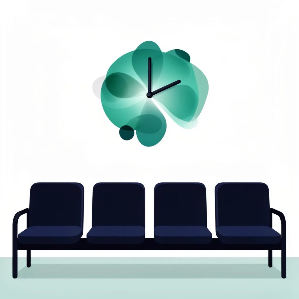 Pet owner and dog being checked in quickly at a modern veterinary clinic reception desk with a wall clock