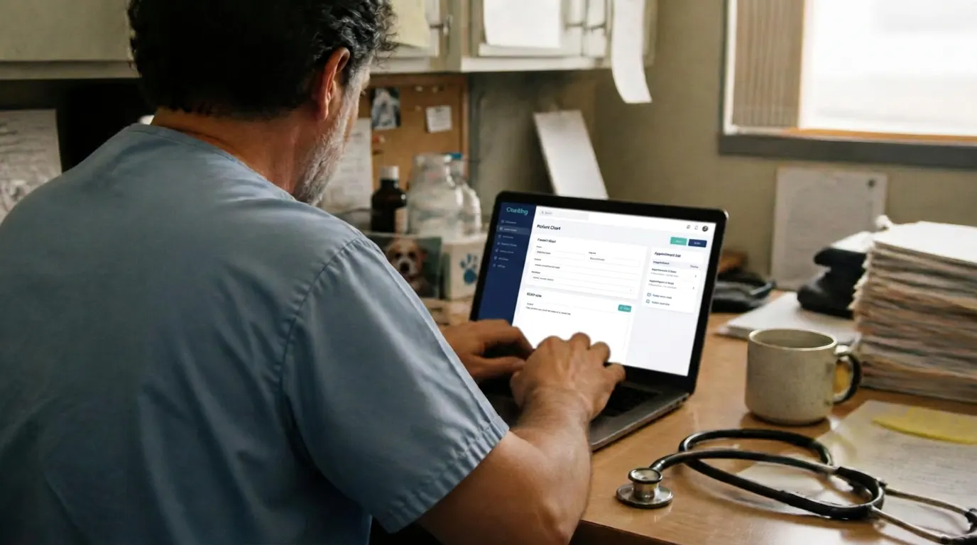 Veterinarian using cloud-based veterinary software on a laptop in a modern clinic