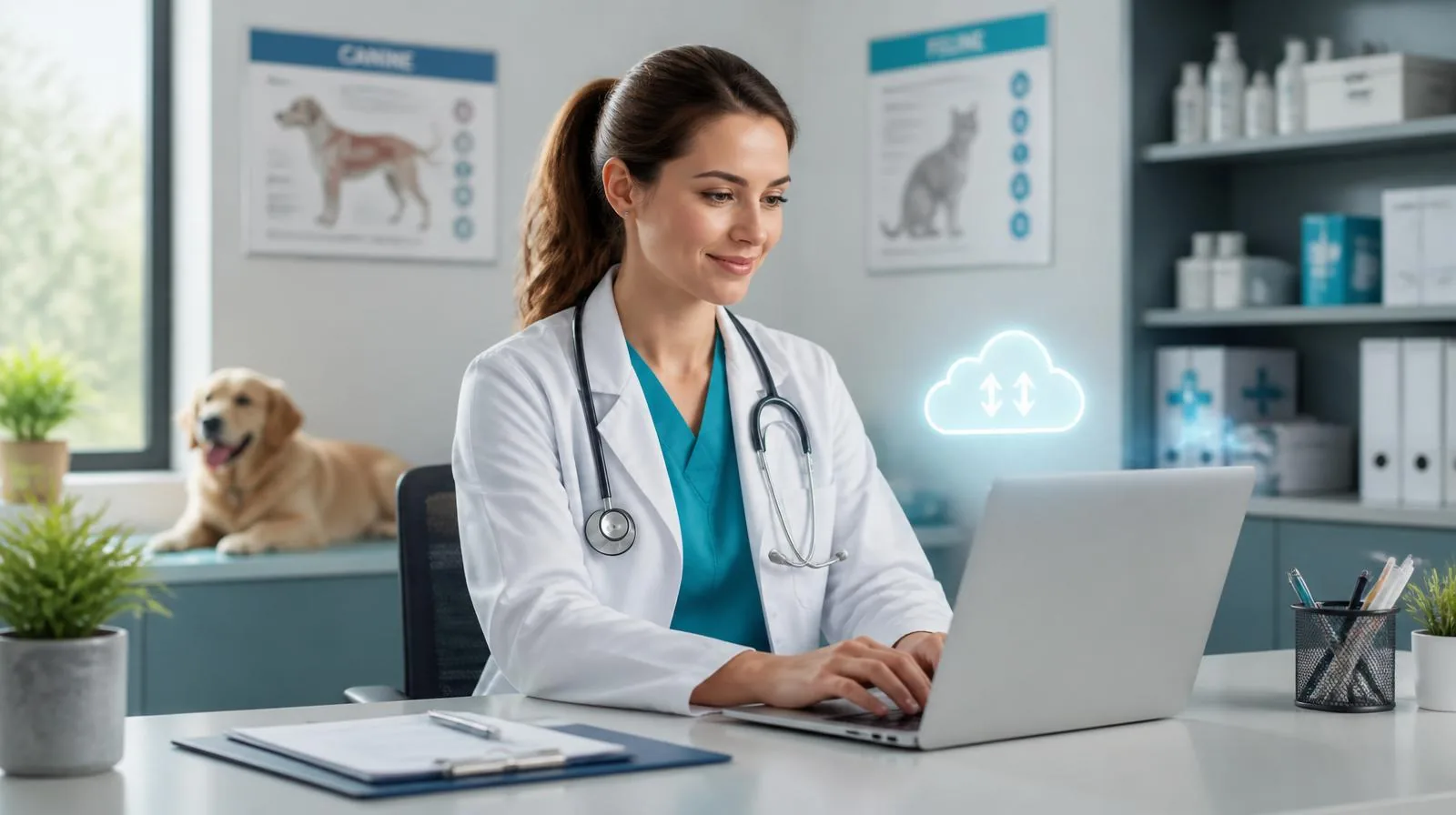 Veterinarian using cloud-based veterinary software on a laptop in a modern clinic