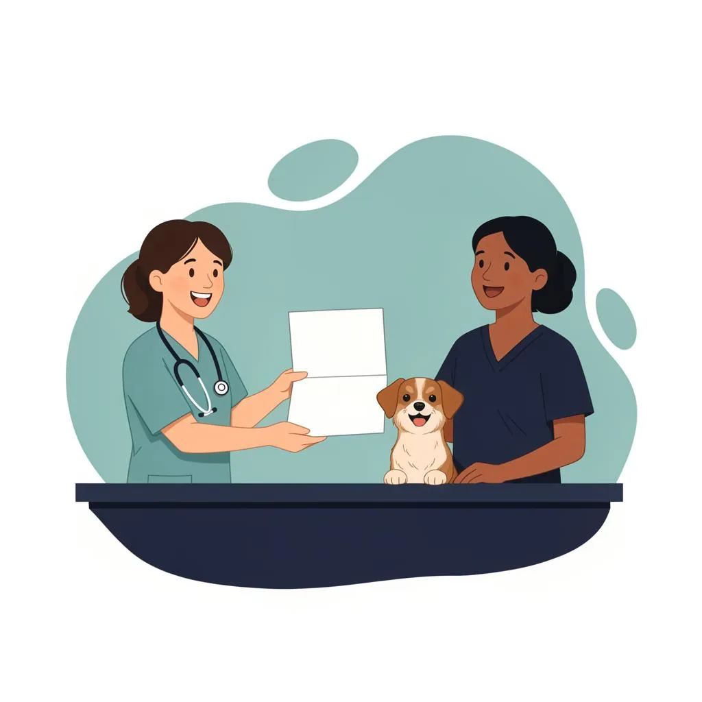 Printed veterinary discharge instruction packet and take-home medication on a clinic counter, owner reaching for it