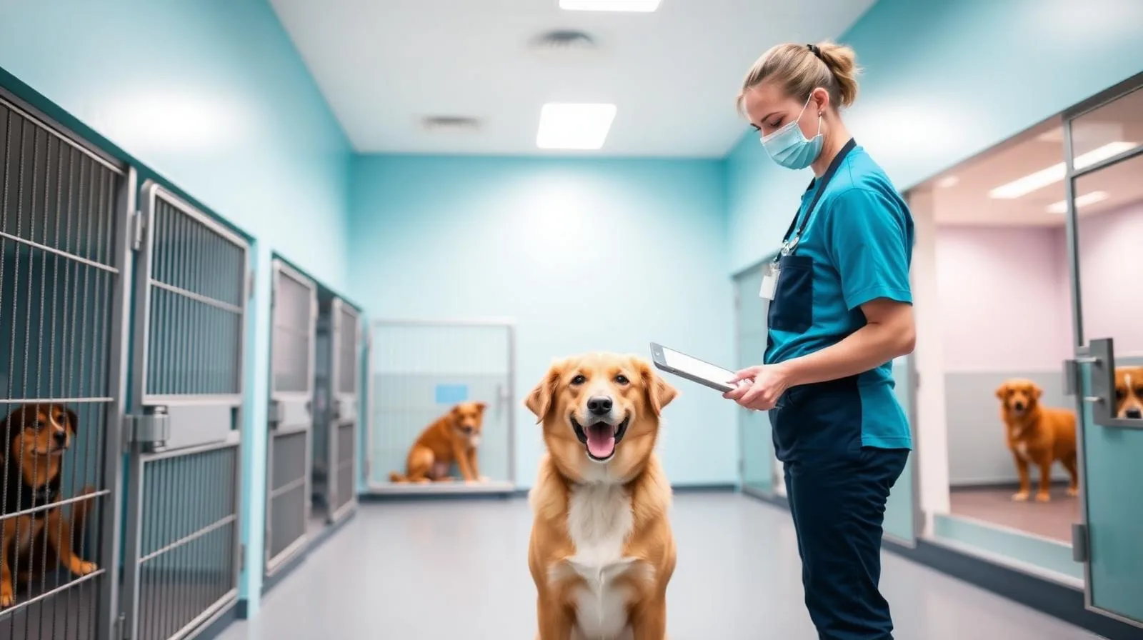 Modern dog boarding kennel facility staff checking a dog in with a tablet