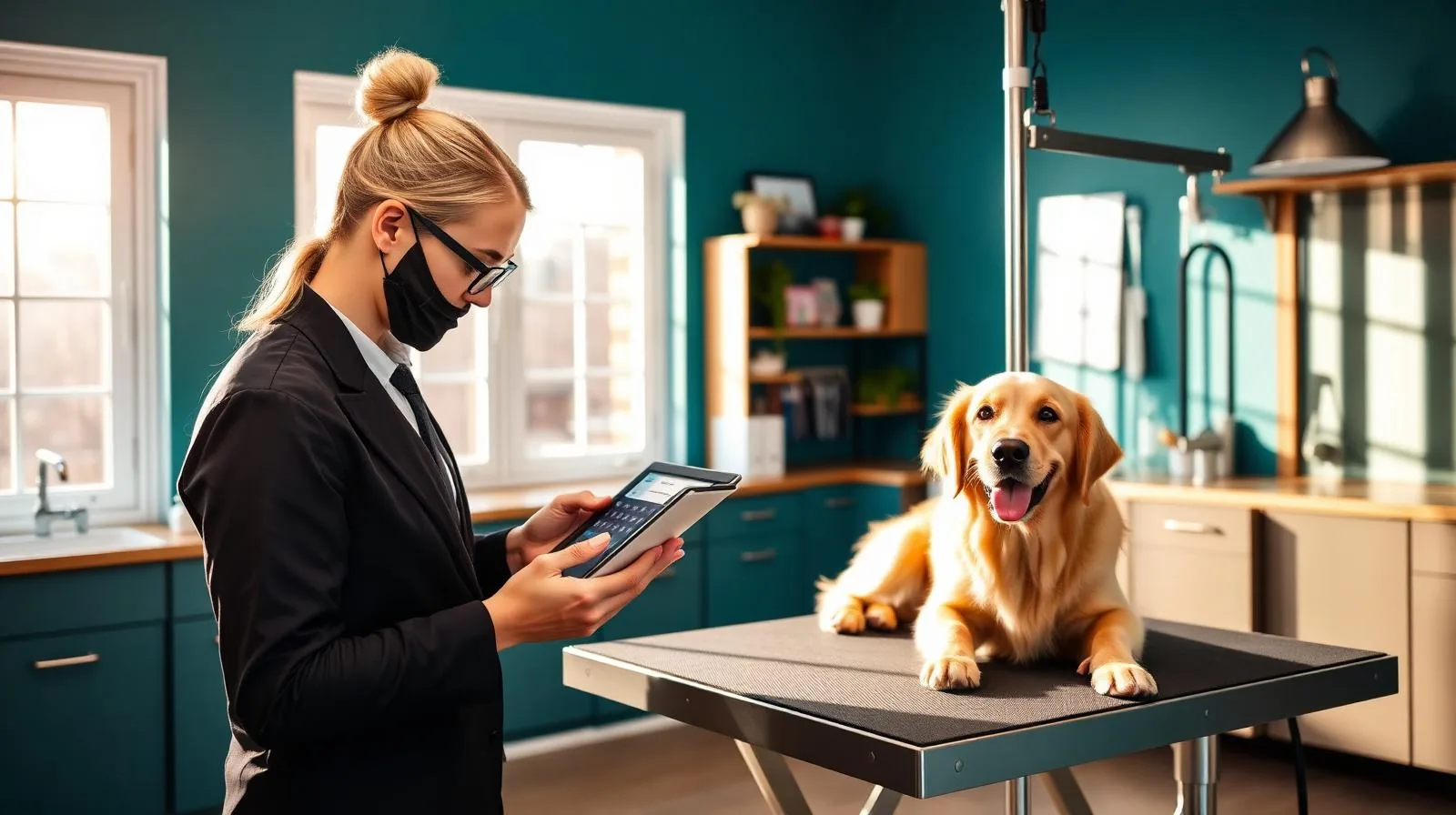 Professional dog groomer using a tablet booking app in a modern grooming salon