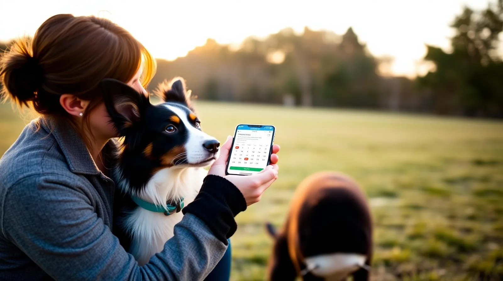 Dog trainer with a border collie reviewing a scheduling app on a phone outdoors
