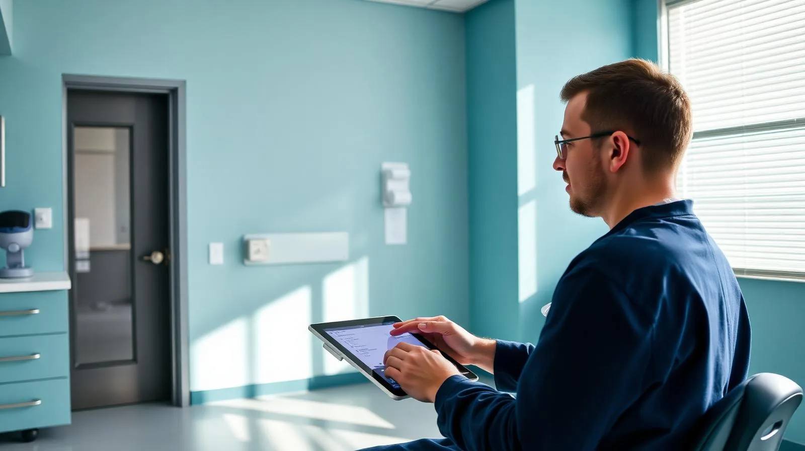 Veterinarian on a tablet reviewing cloud-based PIMS options in a modern exam room