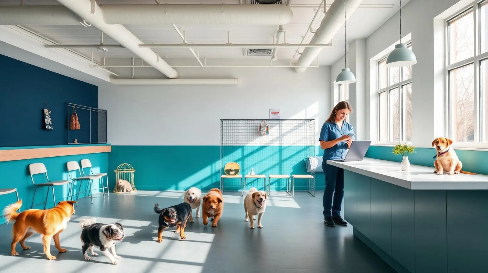 Bright modern pet daycare facility with dogs playing and staff checking in clients on a tablet