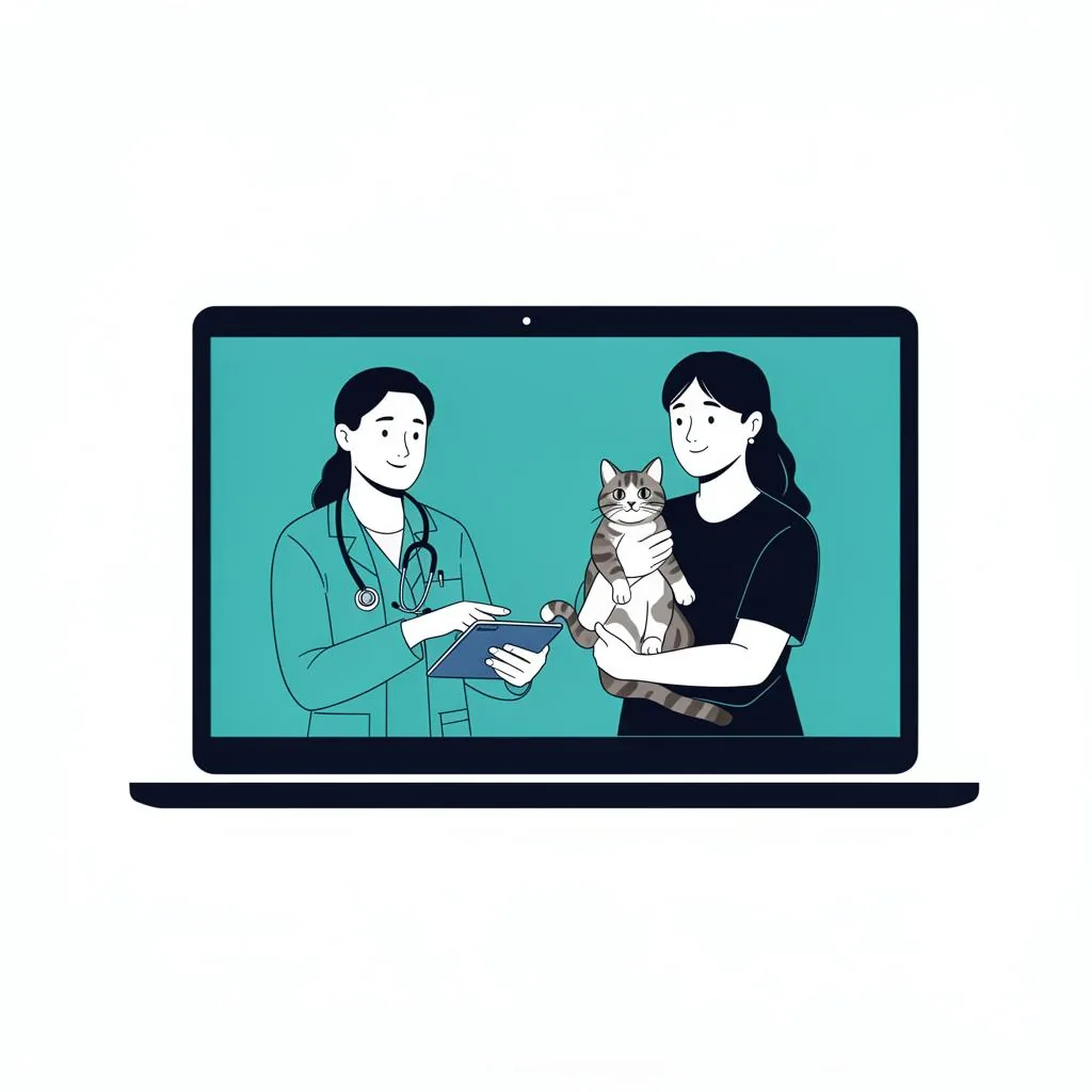 Veterinarian conducting a telemedicine video consult with a pet owner holding a cat at home on a laptop screen