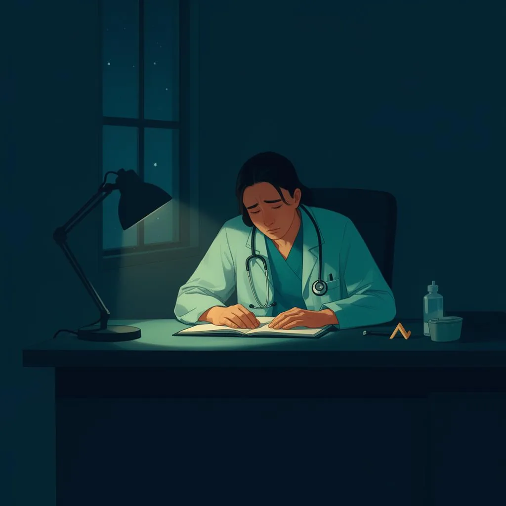 Exhausted veterinarian charting at a laptop late at night with stacks of paper records