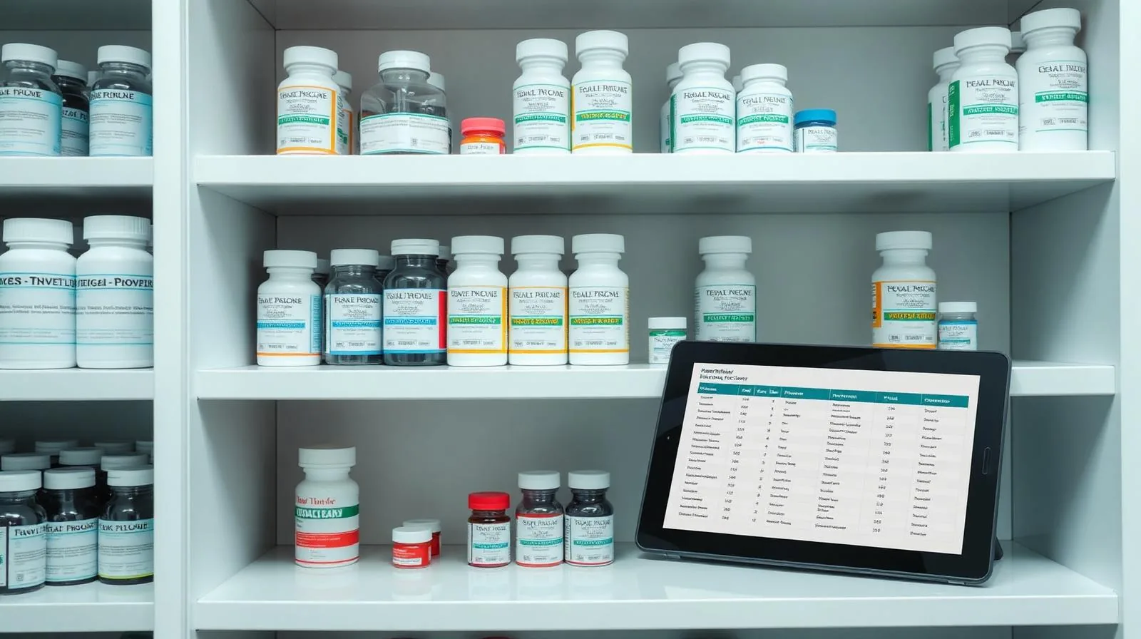 Organized veterinary pharmacy shelves with a tablet showing inventory dashboard