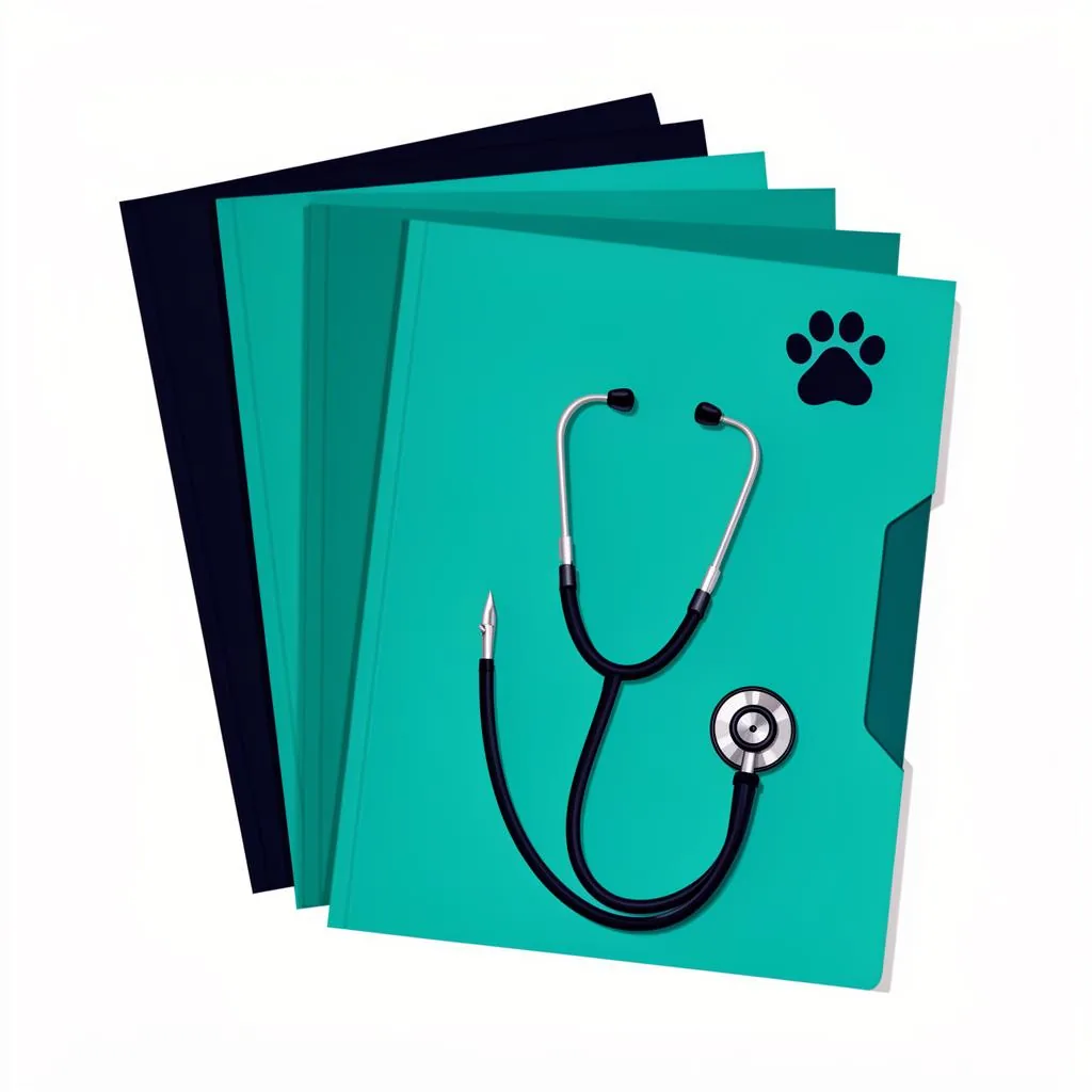 Open veterinary medical chart and patient file folder on a clinic desk