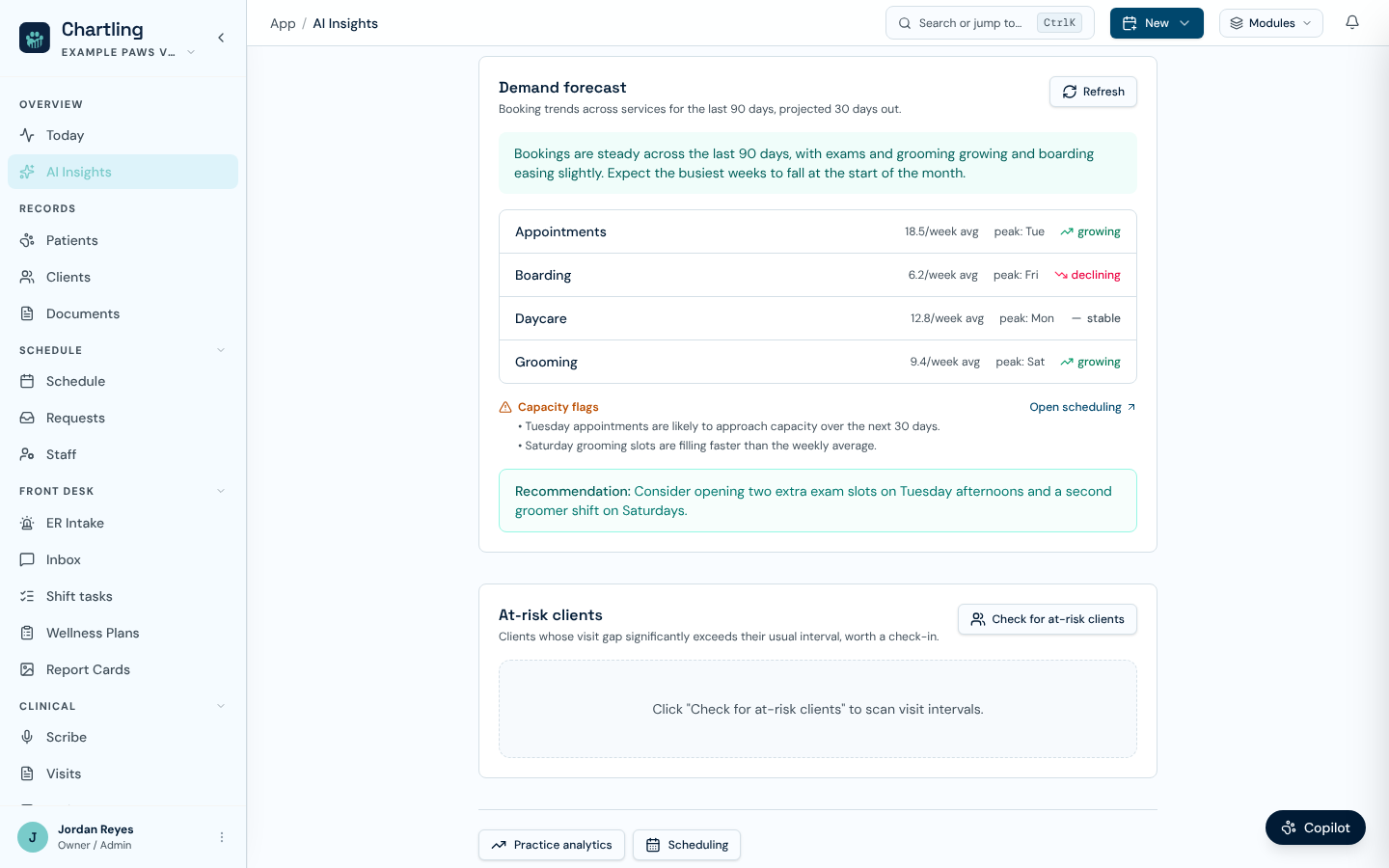 Demand forecast result with a summary, one row per service, capacity flags and a recommendation