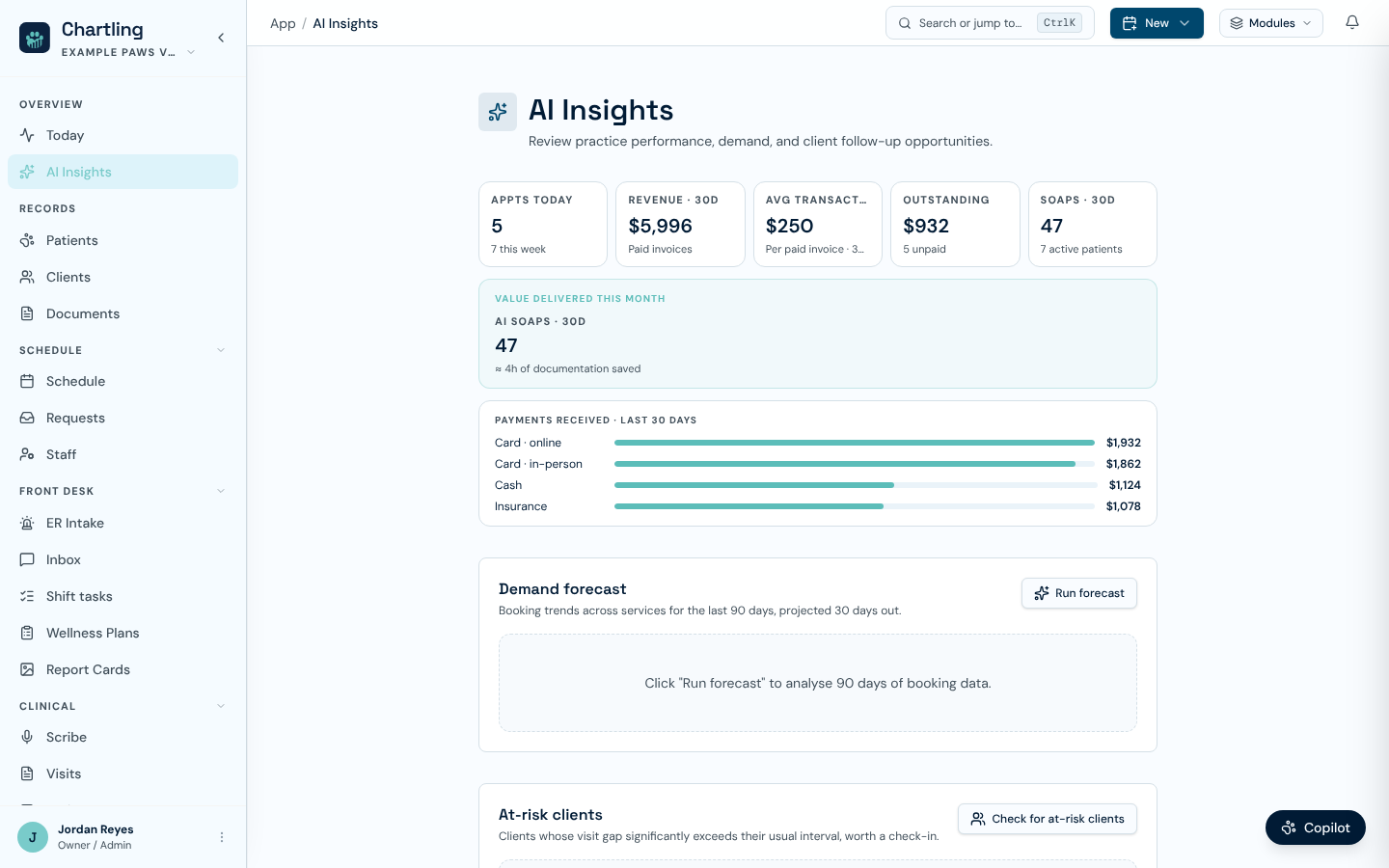 AI Insights page with practice metric tiles, a payments received chart, and Run forecast and Check for at-risk clients buttons