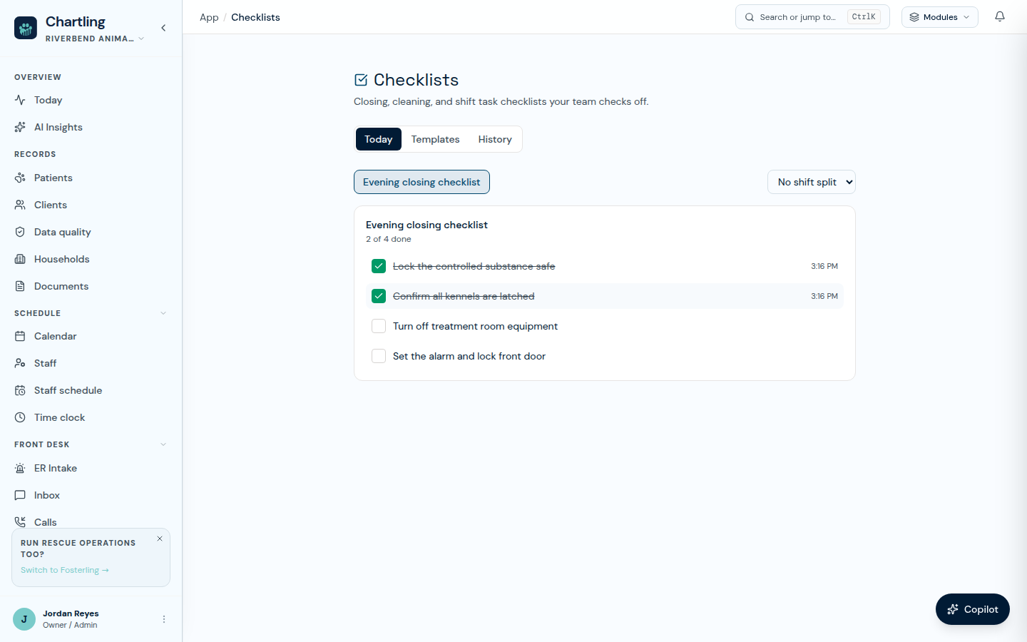 An evening closing checklist in progress, with two of four items checked off and timestamped