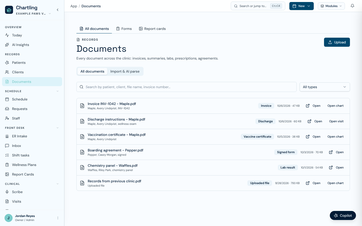 Documents page listing invoices, a discharge, a vaccination certificate, a signed form, a lab result and an uploaded file