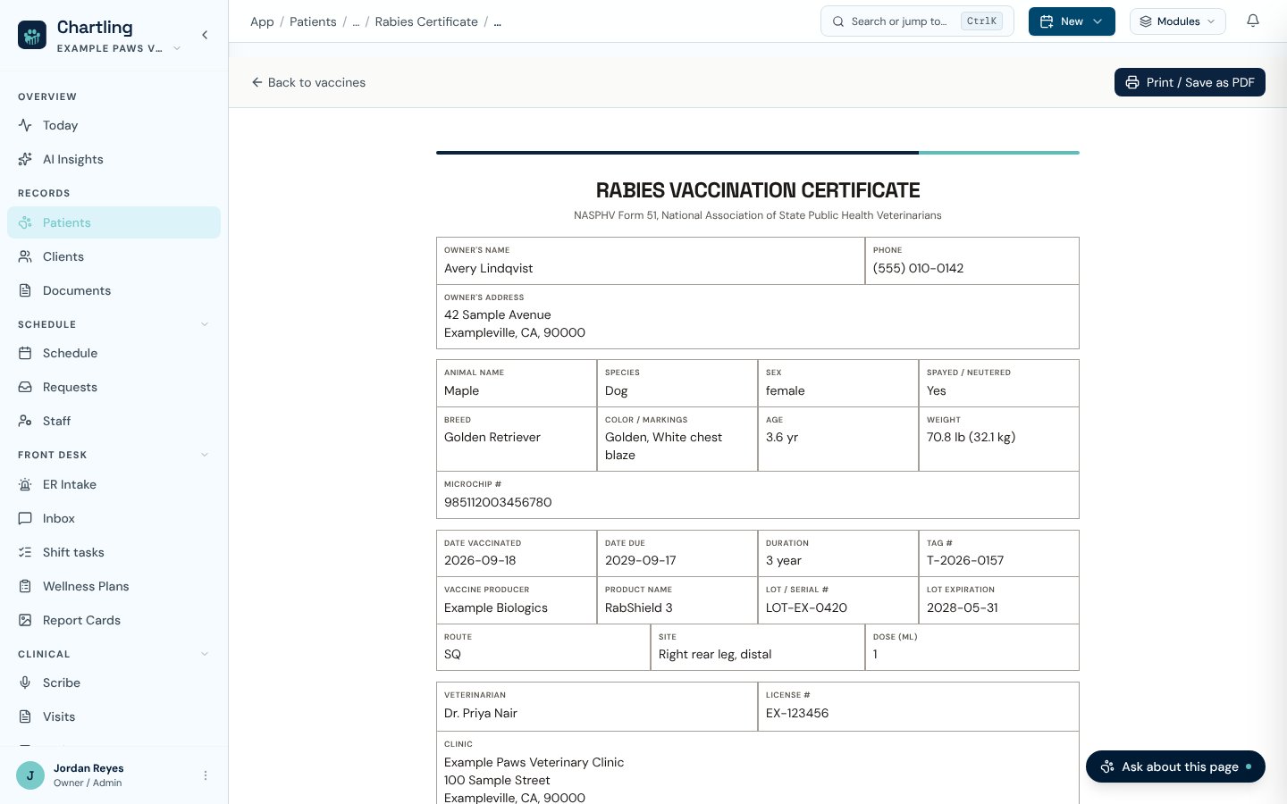 A printable NASPHV Form 51 rabies vaccination certificate for a fictional dog