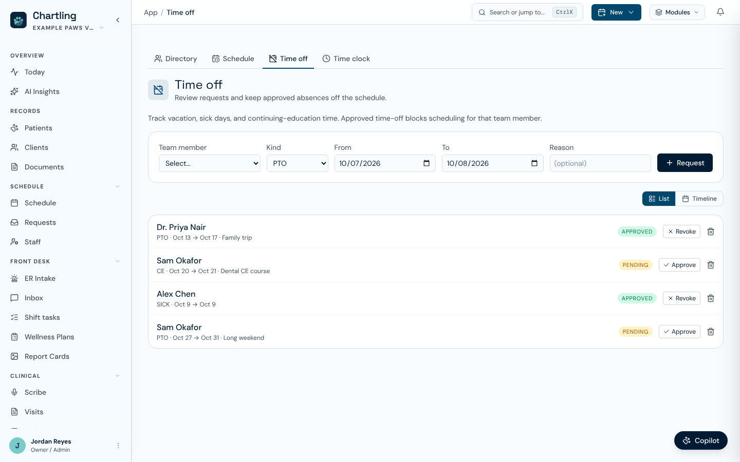 Time off tab with a request form and a list of approved and pending requests