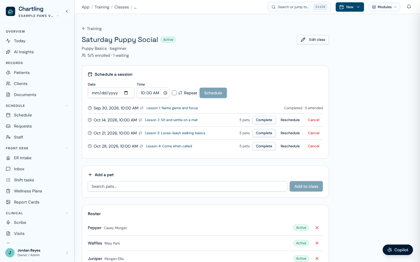 A group class page with a session schedule, lessons per session, and a roster