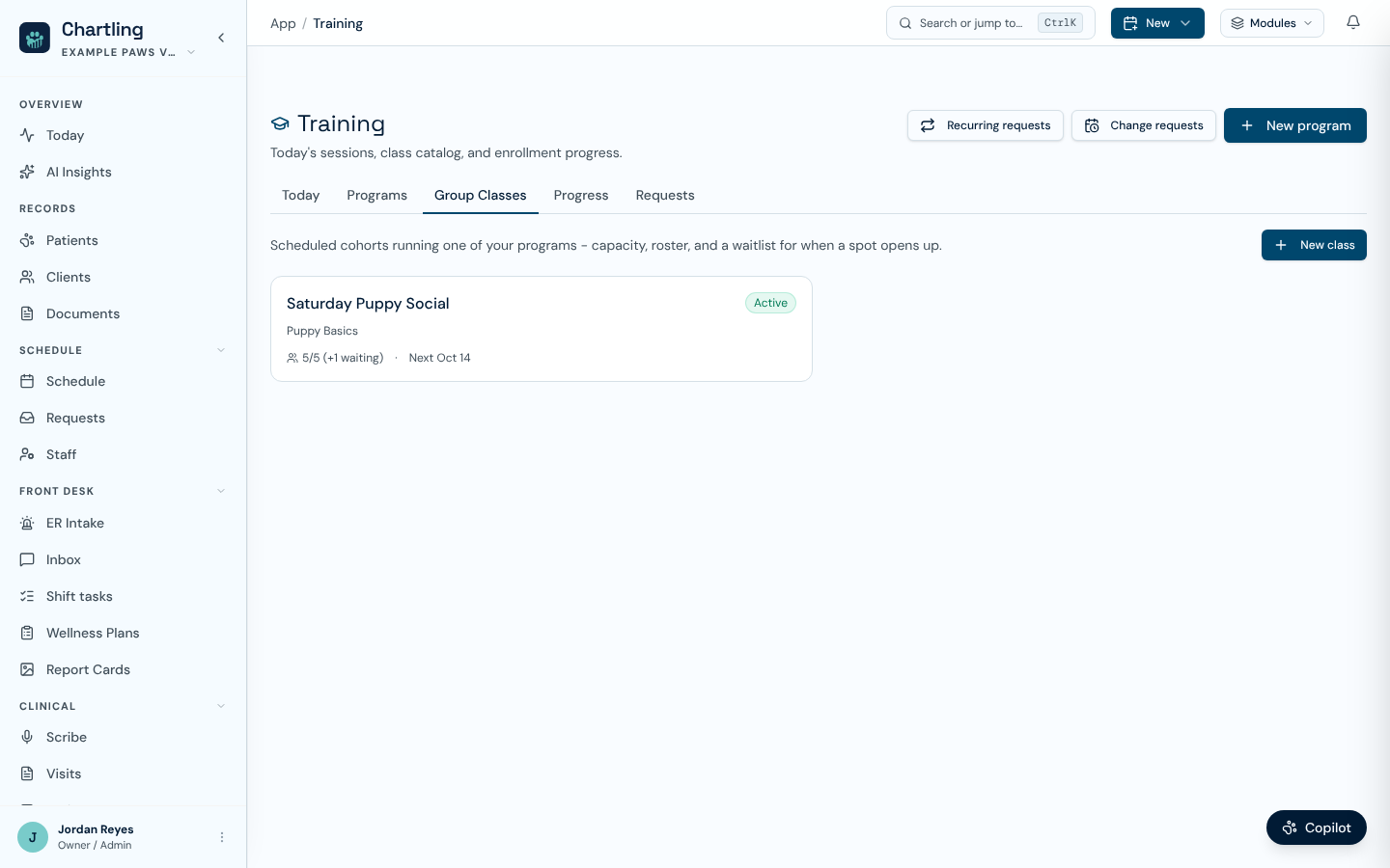 Group Classes tab with one class showing roster count and waitlist