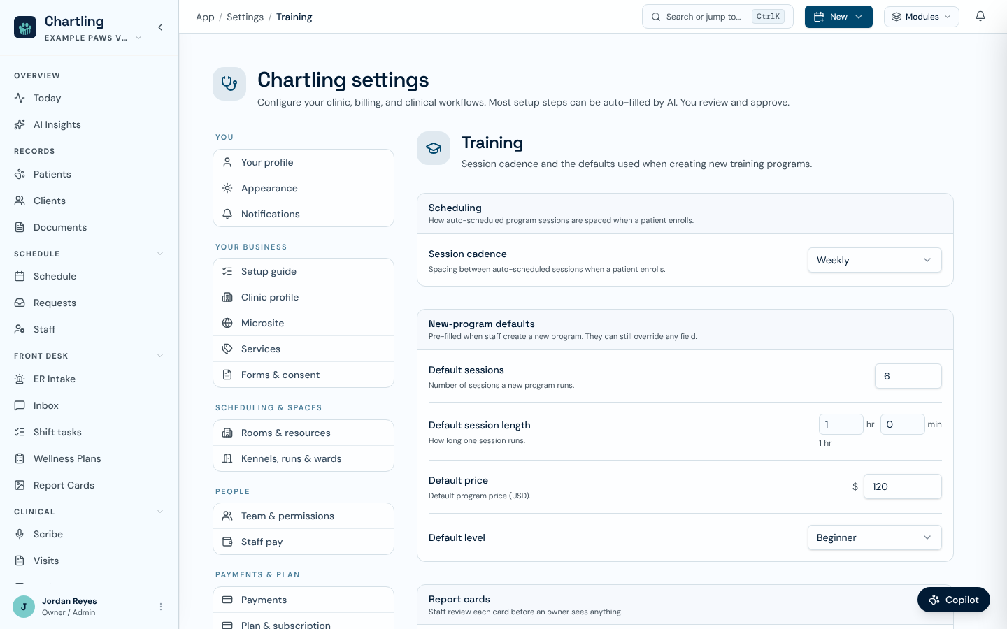 Settings Training page with session cadence and new-program defaults