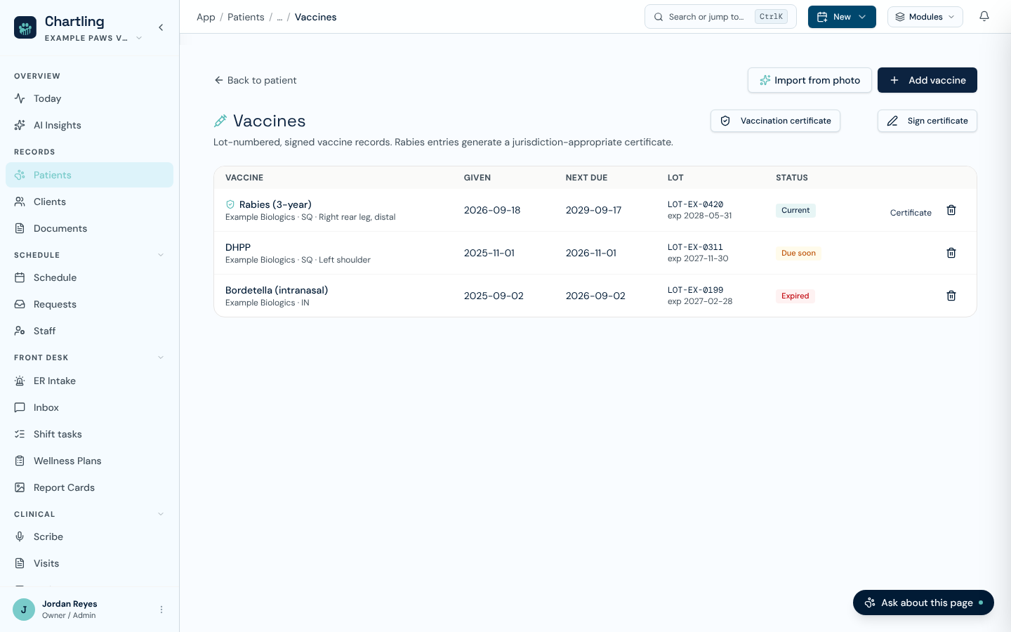 Vaccines page with rabies, DHPP and Bordetella rows showing Current, Due soon and Expired statuses